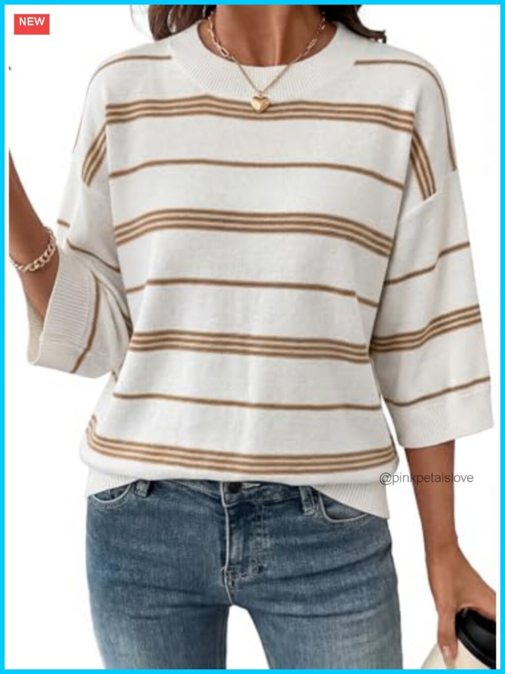Oversized 3/4 Sleeve Striped Lightweight Knit Sweater Pullover